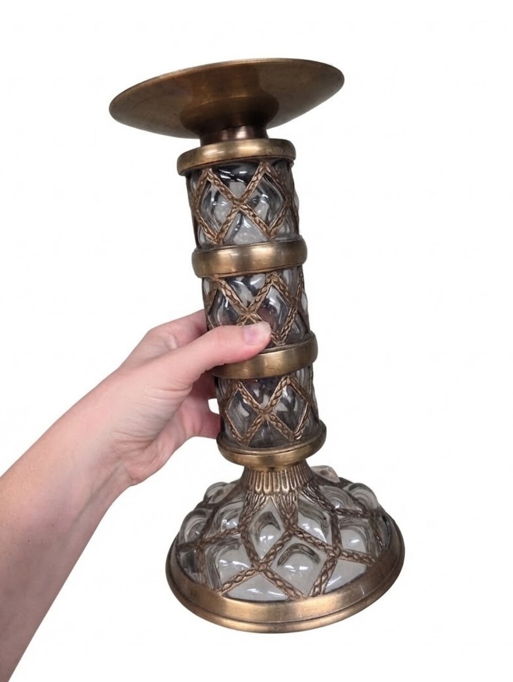 Vintage Heavy Cast Brass & Diamond Cut Glass Candle Holder Made in India 13.5"